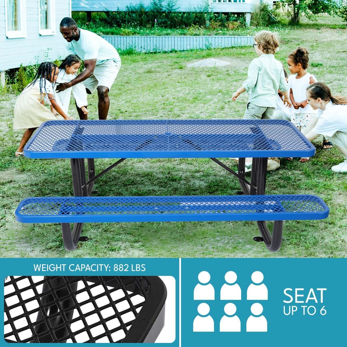 6 ft. Rectangular Outdoor Steel Picnic Table with Umbrella Pole, Heavy-Duty Weather-Resistant Dining Table for Patio, Backyard, and Garden, Rust-Resistant Finish, Blue