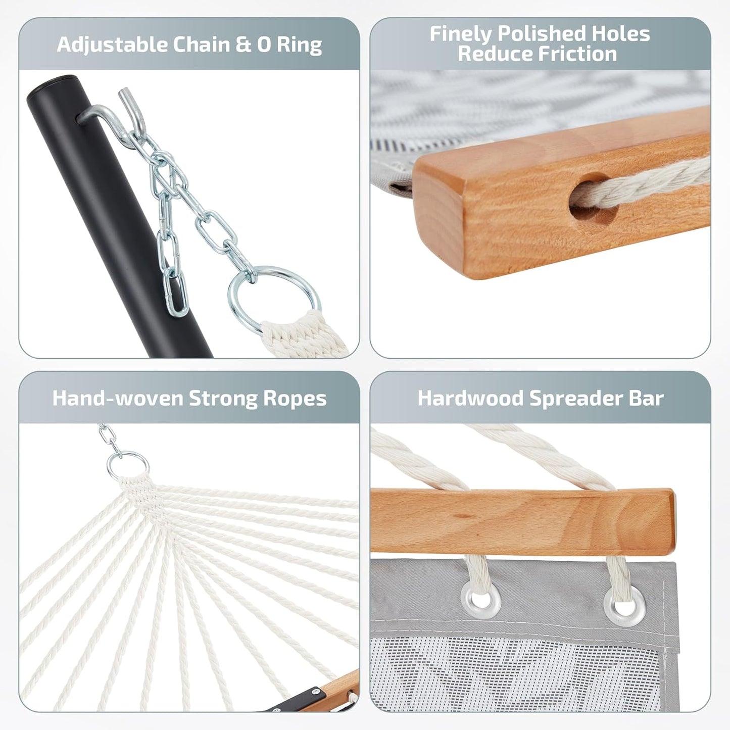 Two Person Hammock with Stand Heavy Duty, Outdoor Patio Hammock with Portable Steel Stand, Large Double Hammocks with Quick Dry Textilene Fabric,480lbs Capacity.(Grey White)