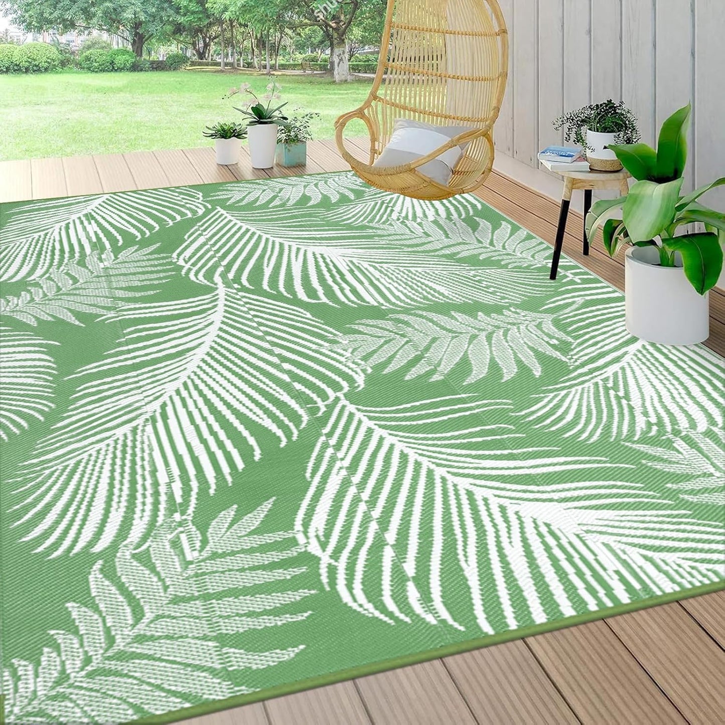 Pauwer Waterproof Outdoor Rug 8x10, Reversible Plastic Straw Patio Camping Rug, Indoor Outdoor RV Mat Carpet for Deck, Camper, Porch, Balcony, Backyard, Picnic, Leaf Green