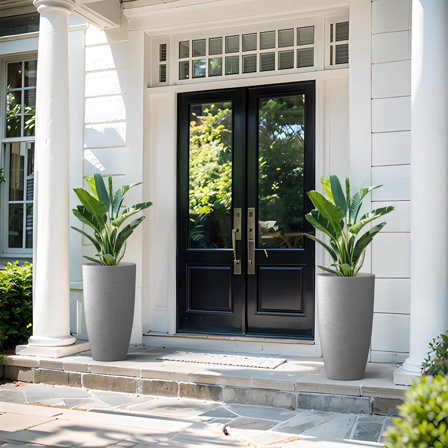 Kante 23.6" H Natural Concrete Tall Planters (Set of 2), Large Outdoor Indoor Decorative Plant Pots with Drainage Hole and Rubber Plug, Modern Style for Home and Garden