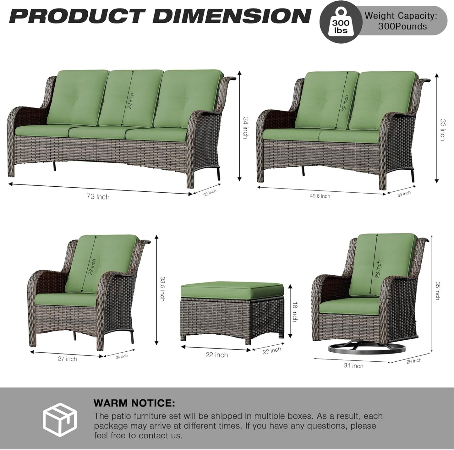 Joyside Wicker Patio Furniture Set 6 Piece Set with 1 Three-Seat Sofa, 2 Swivel Rocker Chairs, 2 Ottomans and 1 Side Table, Outdoor Furniture Patio Conversation Sets(Mixed Grey/Green)