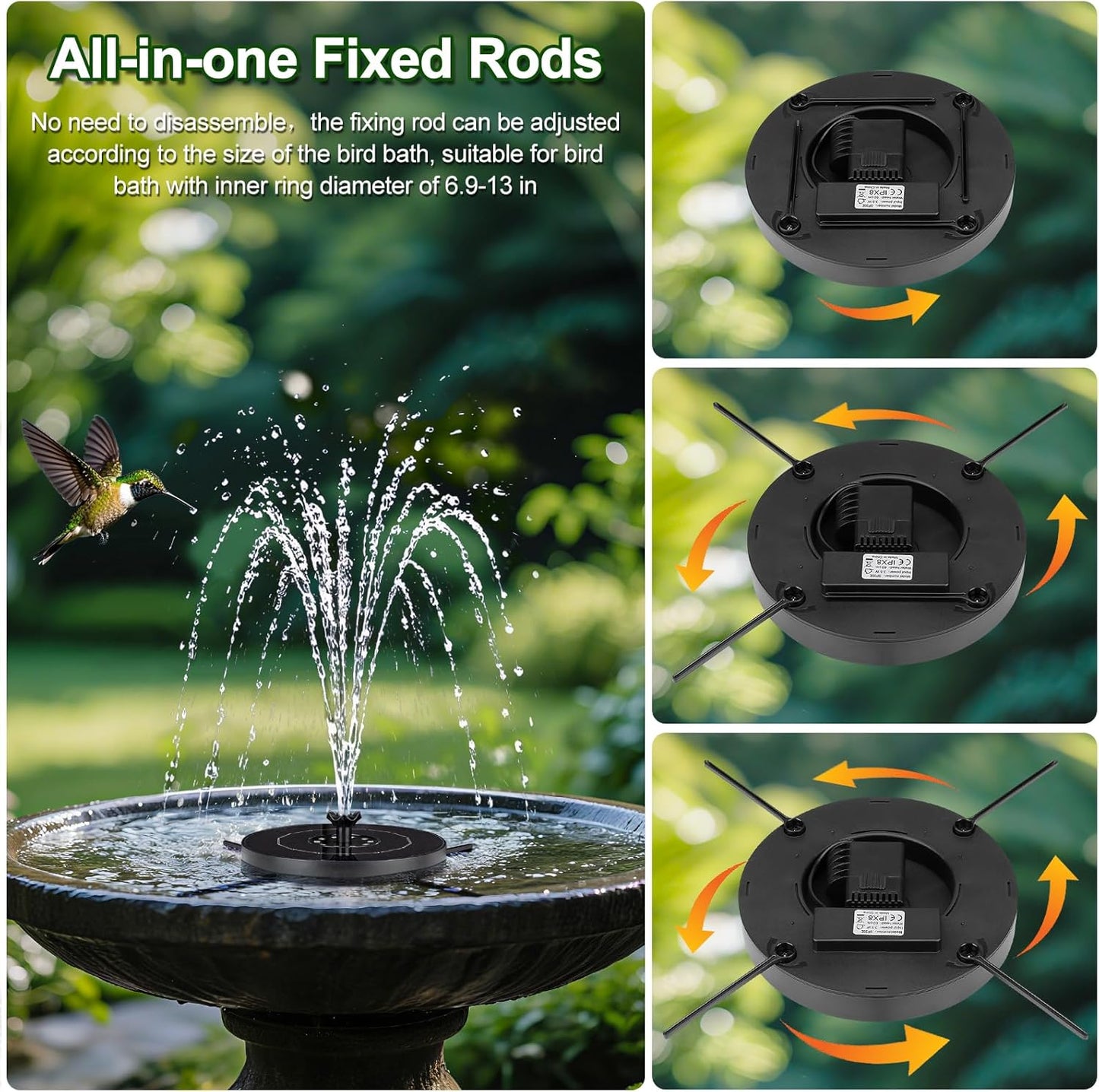 Solar Fountain Pump with 3 Spray Height Adjustments, Upgraded Glass Solar Bird Bath Fountains with LED Lights,6 Nozzles,Outdoor Solar Water Fountain Pump for Bird Bath, Garden, Pool, Pond