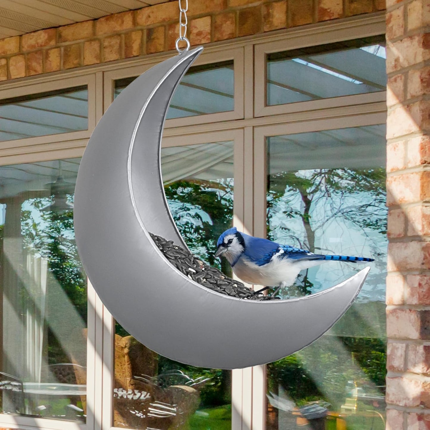 Hanging Moon Bird Feeder – Unique Metal Bird Feeders for Outdoors, Silver Rust-Resistant, Drain Holes – Wild Bird Feeder for Bluebirds, Cardinals, Finches, and Backyard Birdwatching