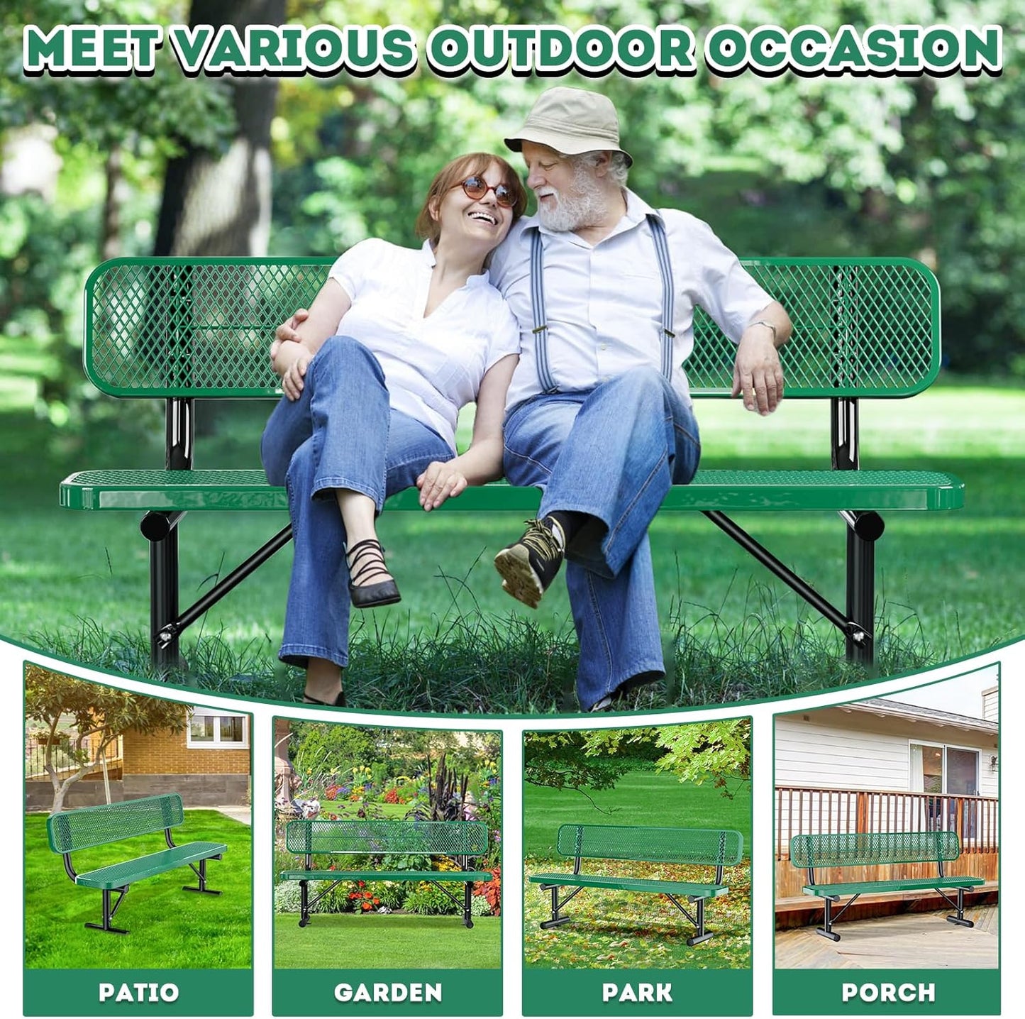 Thermoplastic Coated Iron Park Bench for Outside, Heavy Duty Metal Garden Bench, Expanded Commercial Grade Seating for Shopping Malls, Lawn Yard Porch Entryway (Green with Backrest, 72IN)