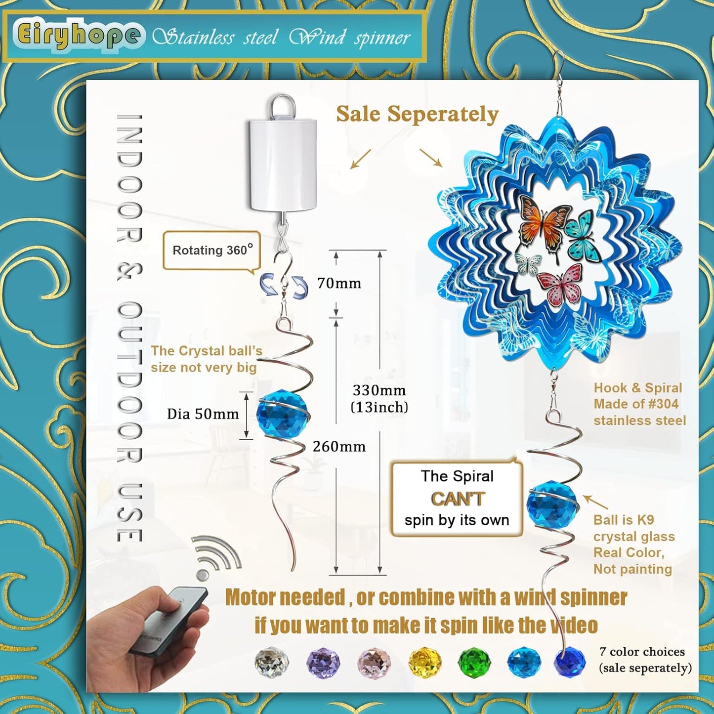 Gazing Ball Spiral Tail, Wind Spinner Spiral Peacock Blue Crystal Orb with Swivel Hook, Sun Catcher Rainbow Maker Hanging Decor for Yard Garden Rotating Art Ornaments Great Gifts 13" Height