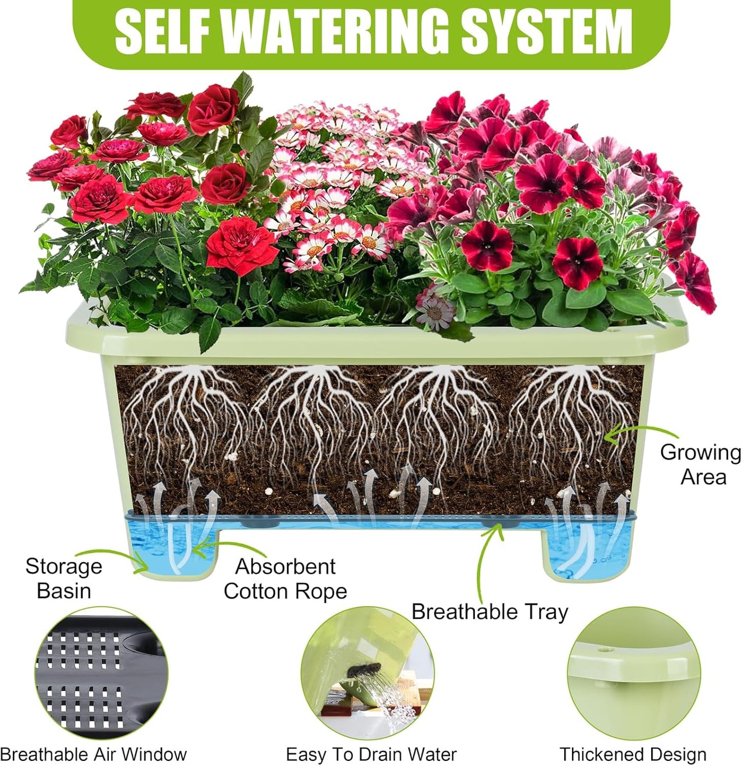 Self-Watering Rectangle Planter Boxes 8-Pack, 15.7-Inch Window Box Planter with Drainage Holes & Trays, Pots for Vegetables, Herbs, Flowers, Garden Windowsill Balcony (Light Green, 15.7*8.3*7.1 inch)