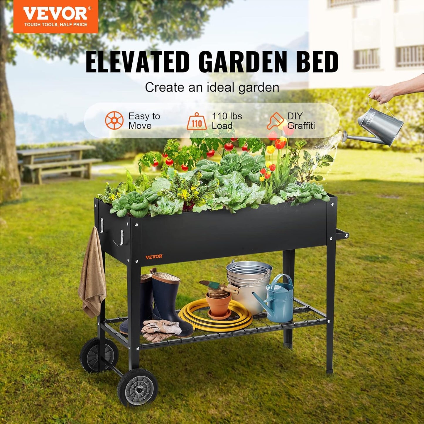 VEVOR Raised Planter Box with Legs and Wheels, Larger Size 43.3x19.5x31.5 Outdoor Elevated Garden Bed On Wheel, Metal Planting Boxes for Growing Flowers/Vegetables/Herbs in Backyard/Garden/Balcony