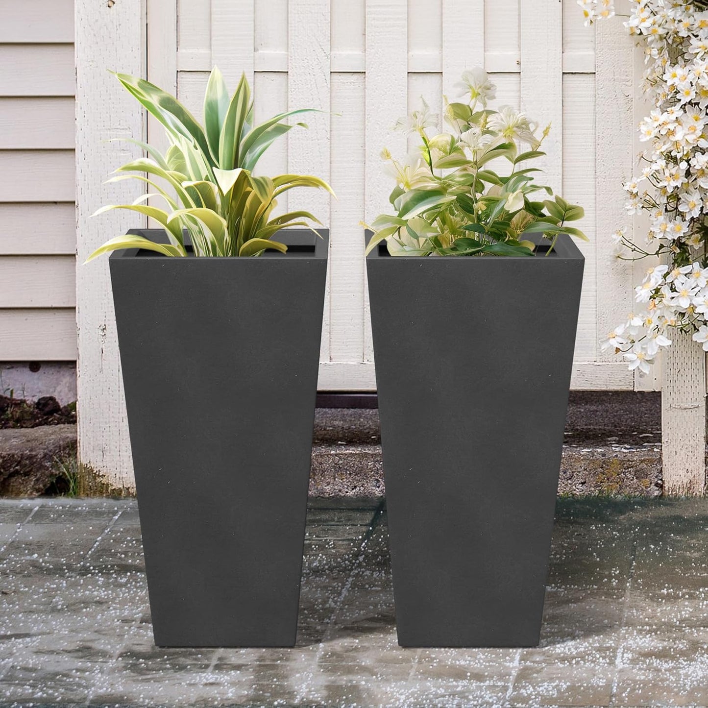 Kante 24.4 Inch Tall Tapered Concrete Planter (Set of 2), Modern Style Large Plant Pot with Drainage Hole and Rubber Plug for Patio, Backyard, Porch, Suitable for Indoor Outdoor Plants, Black