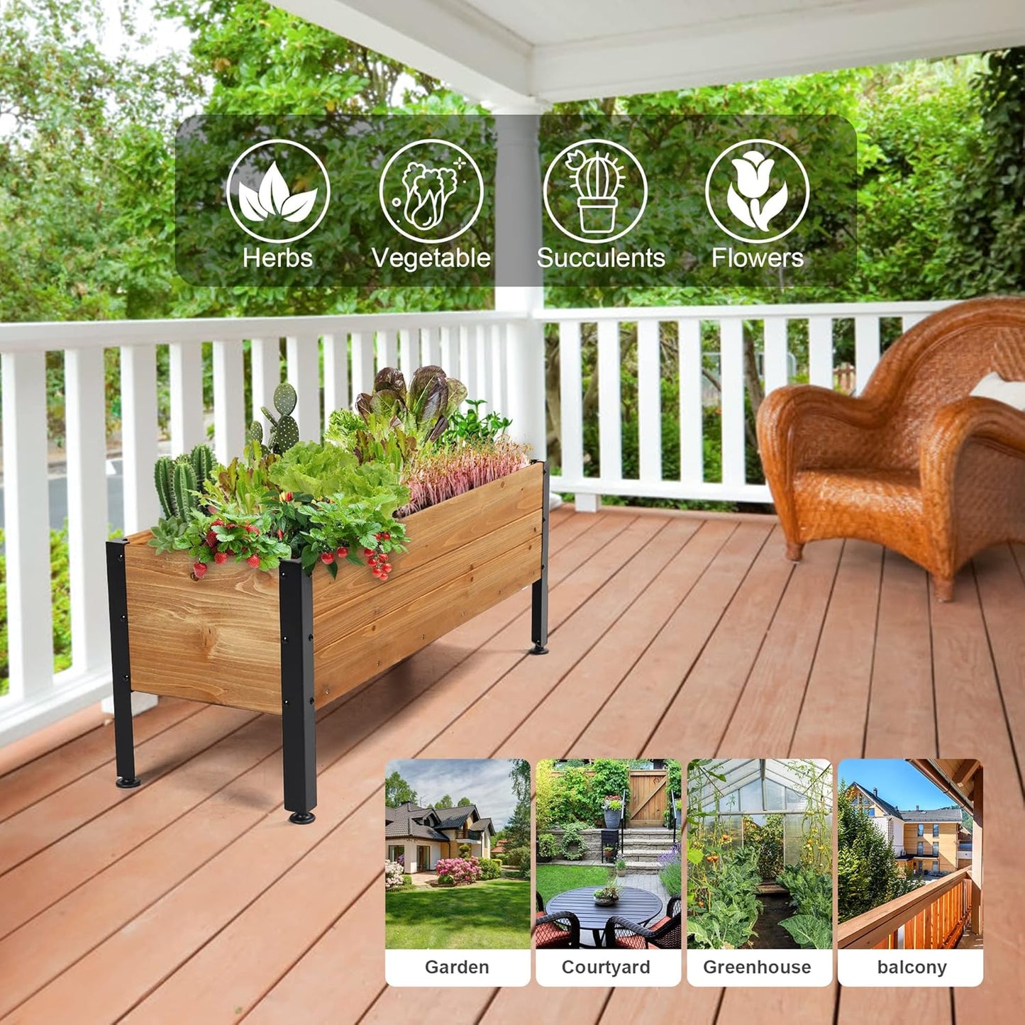 Wood Rectangular Garden Planter Box Raised Garden Bed Outdoor,Planters for Outdoor Plants 37x13x15in Elevated Planter Box for Herbs Vegetables Flowers Great for Patio Deck Balcony