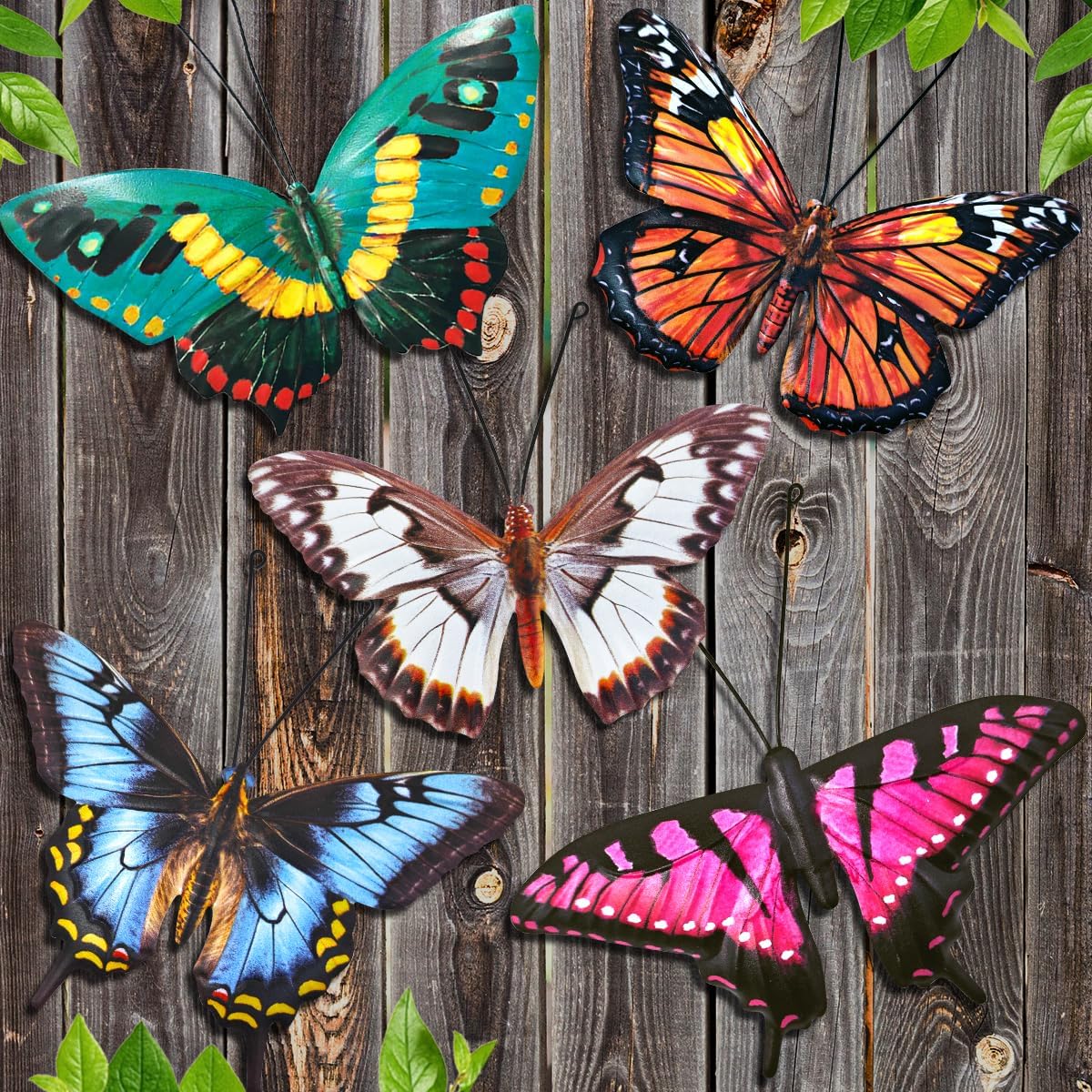 Metal Butterfly Wall Decor - 5 Pack Lifelike Butterflies Wall Art Sculpture Hanging Decorations for Indoor or Outdoor, Yard Patio Fence Garden Decoration