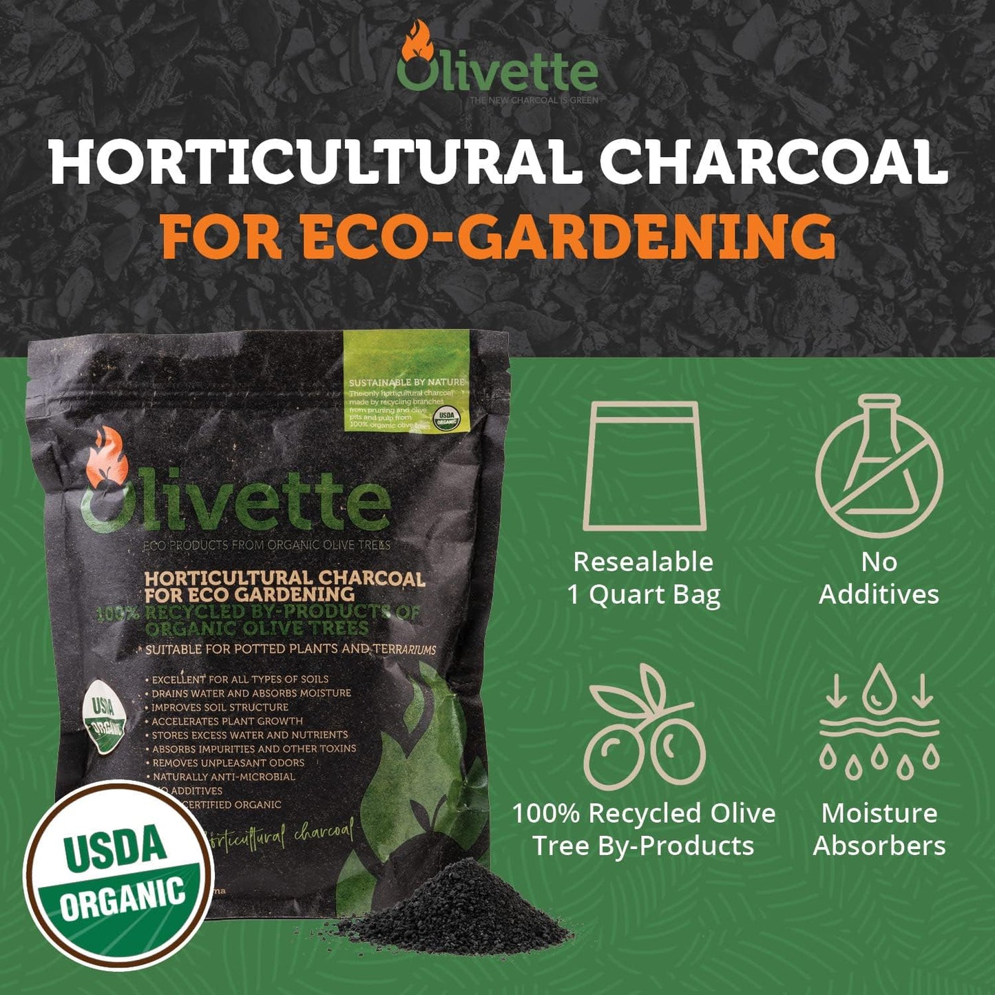 Olivette Horticultural Biochar Activated Charcoal for Plants, USDA Organic Moisture Control for Terrarium Trees & Potted Plants, Eco-Conscious, 1 Bag