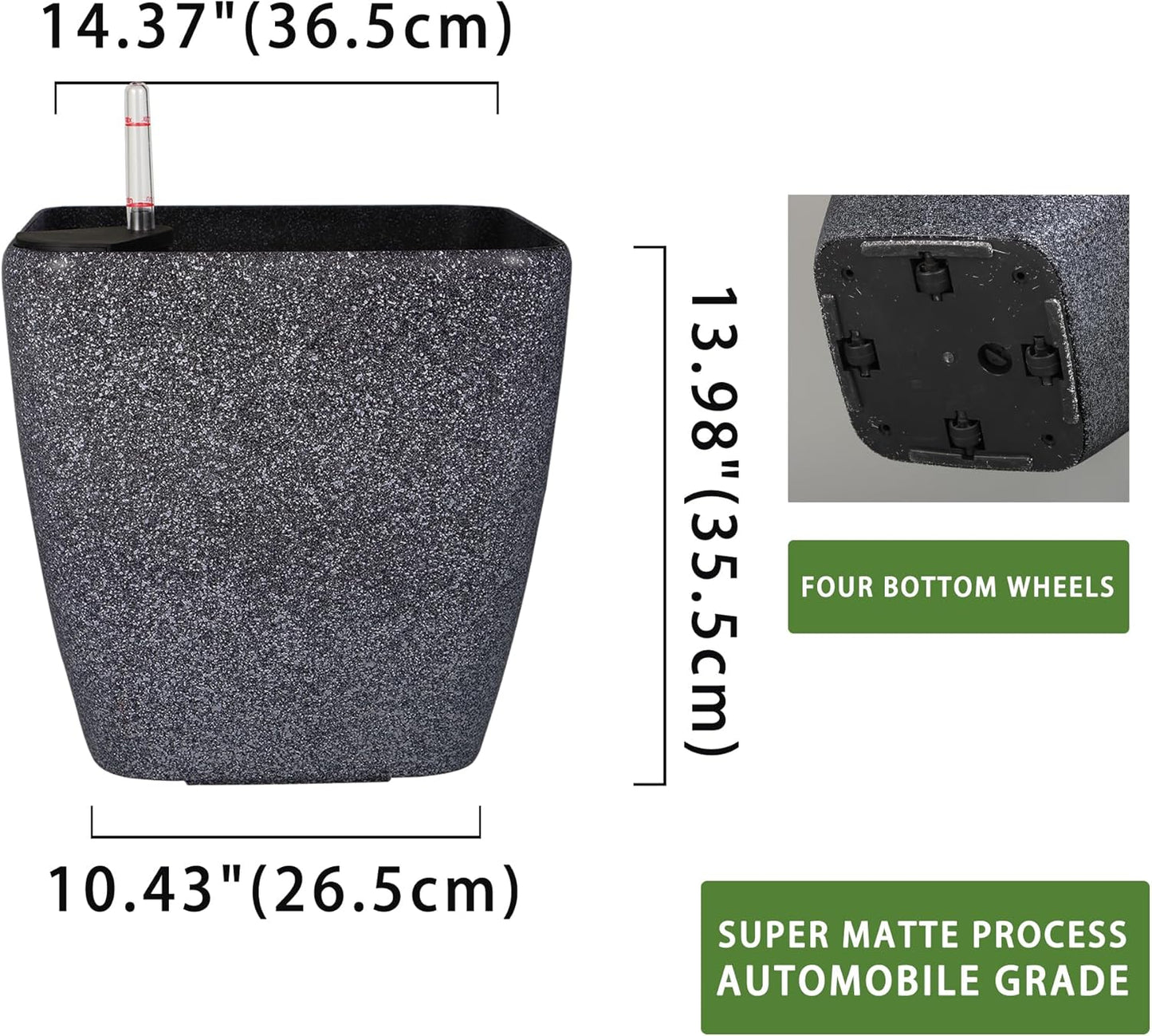 Dexceder 15x14 Self Watering Planter with Wheels Indoor Outdoor, Inner Mat Design, Thickened Large Floor Standing Flower Plant Pot with Water Level Indicator (Stone Matte)