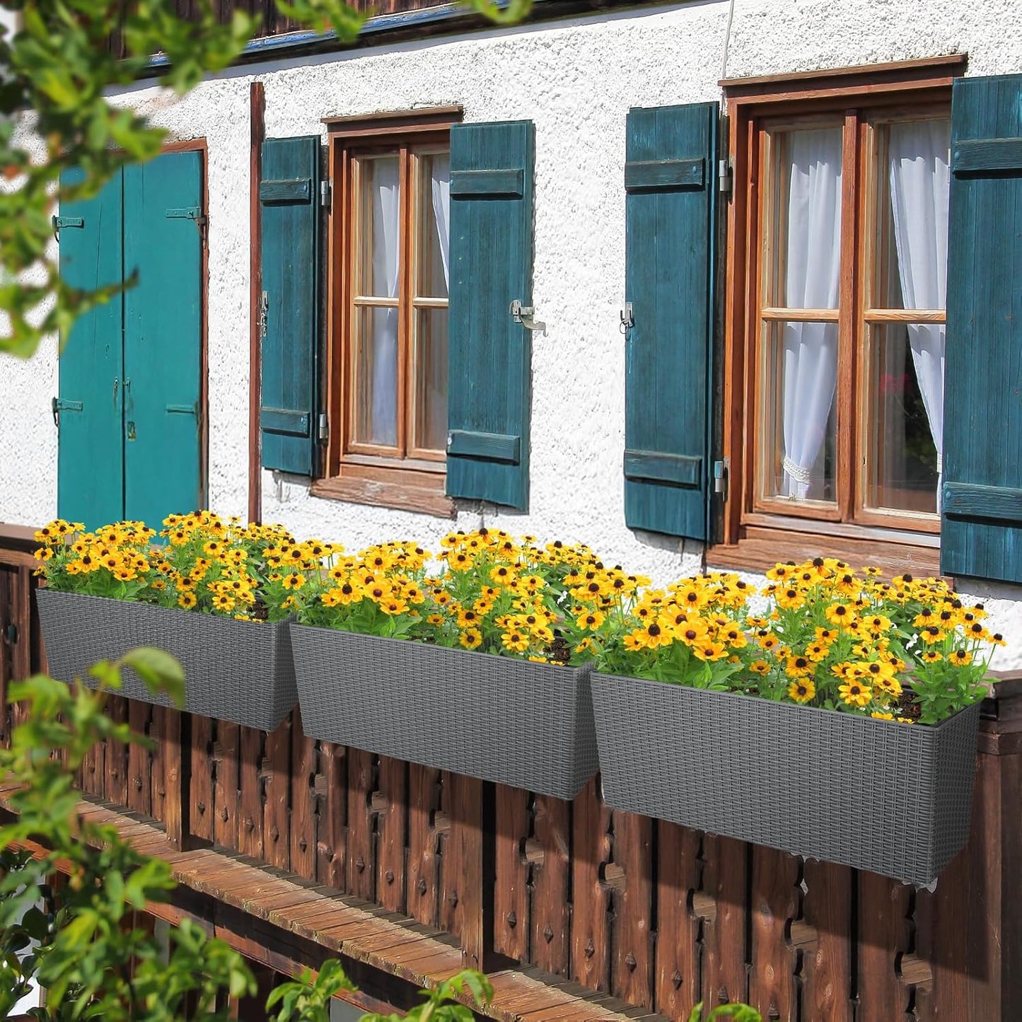 Aoodor 4Pcs 19.5" Rectangular Window Box Wall Mount/Railing Planter, Self-Watering Planter with Adjustable Bracket, for Fence, Balcony, Patio, and Outdoor Decor - Grey