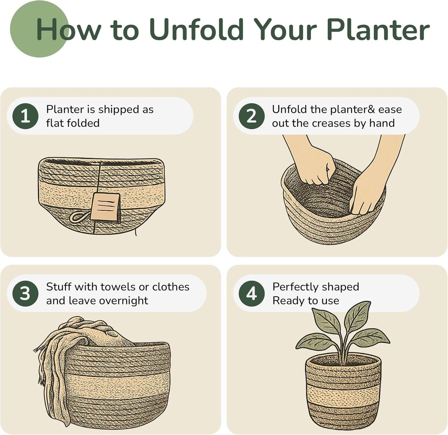 Jute Planter Basket Sustainable Woven Rope Covers for Decorating Indoor/Outdoor Plants Pots 6.5x6.5x6 Inches Ideal Size for 6" Planter-Multi-Purpose Storage Set of 4 White & Natural Jute