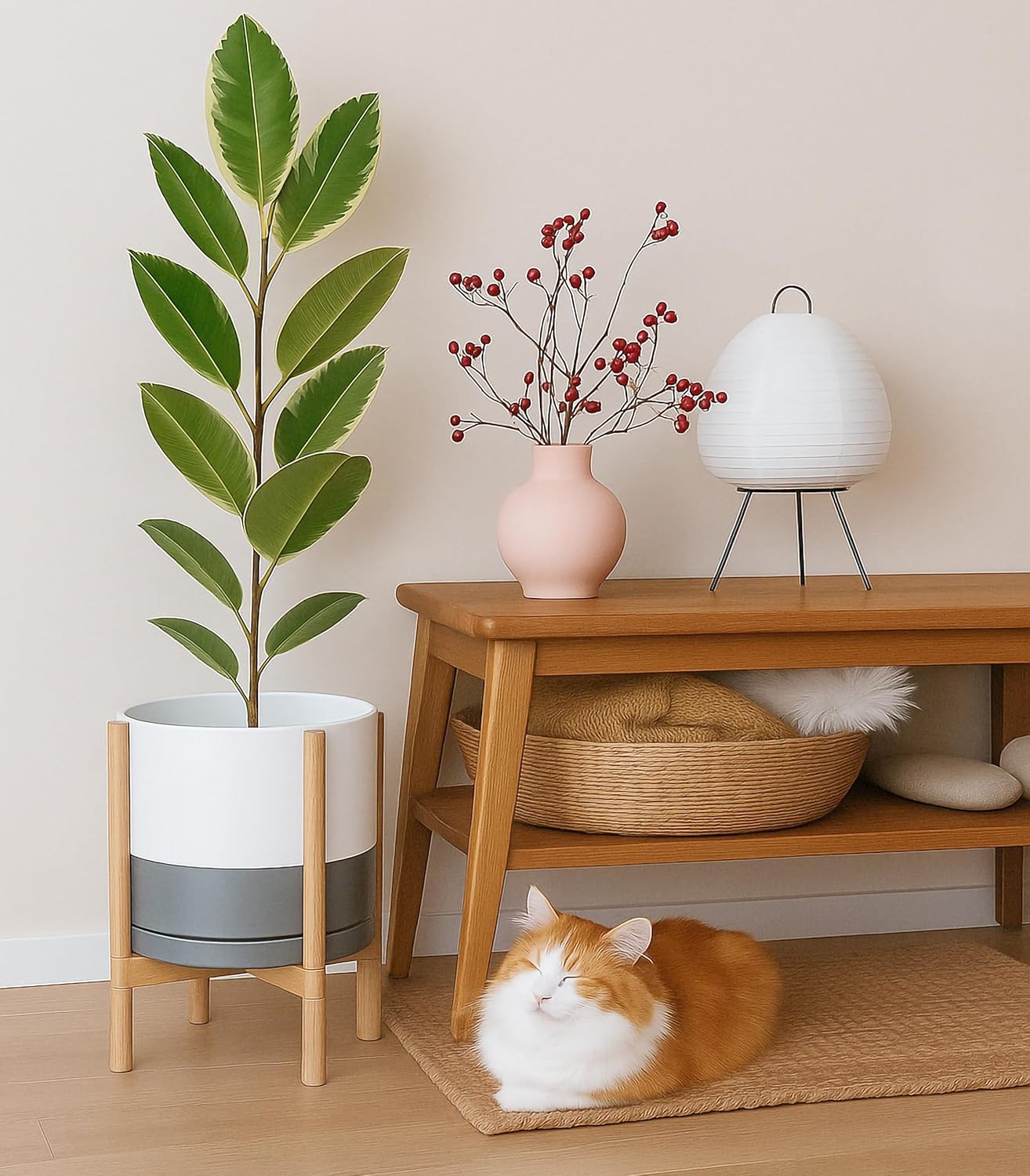 D'vine Dev Ceramic Planter with Natural Stand - 12 Inch Modern Round Flower Pot with Wood Planter Holder, White/Grey, 55-B-J-6