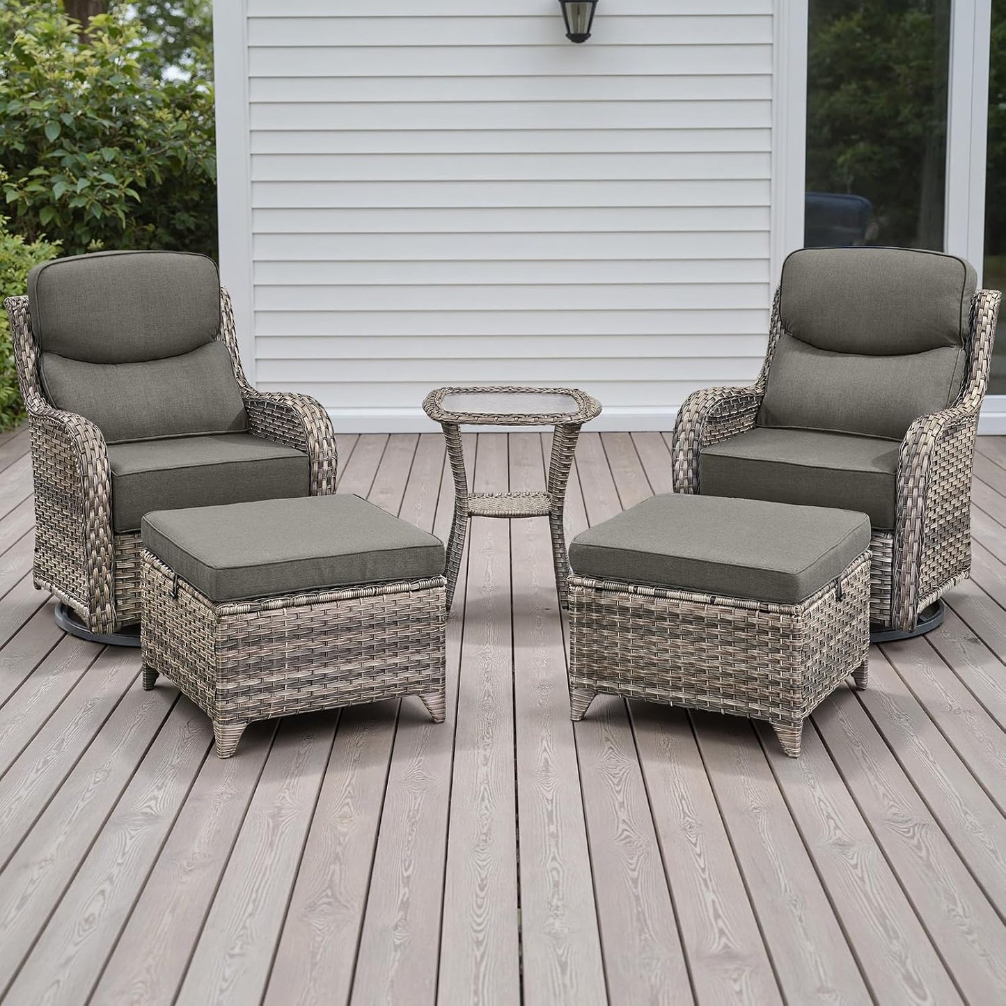 Wicker Outdoor Patio Furniture Set - 5 Piece Patio Conversation Sets with Swivel Rocker Chairs, Ottomans and Side Table, 6 inch Cushions, Waterproof Wicker, for Porch Deck Mixed Grey/Grey