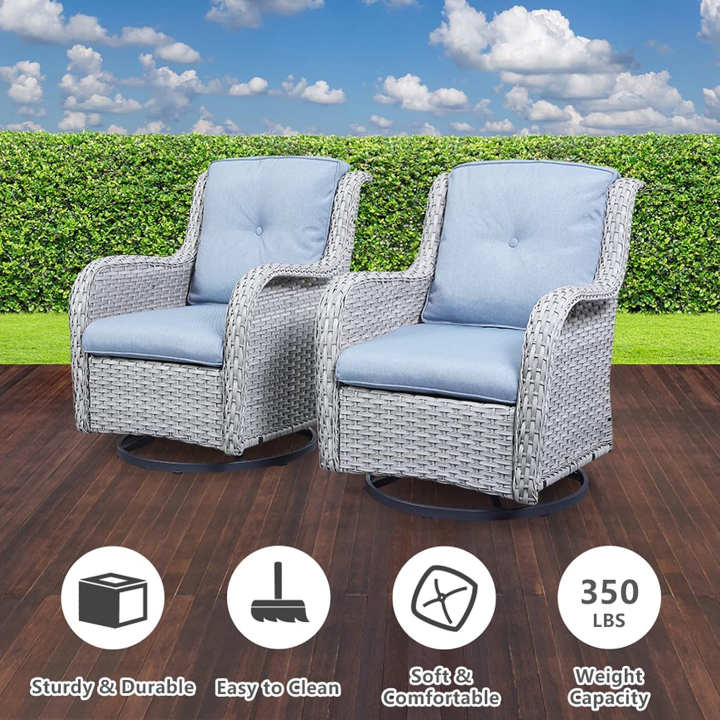 Outdoor Swivel Rcoker Patio Chairs - Outdoor Swivel Patio Chairs Set of 2 Wicker Chair Patio Furniture Sets with Covered Cushion for Porch Deck Balcony Garden, Baby Blue