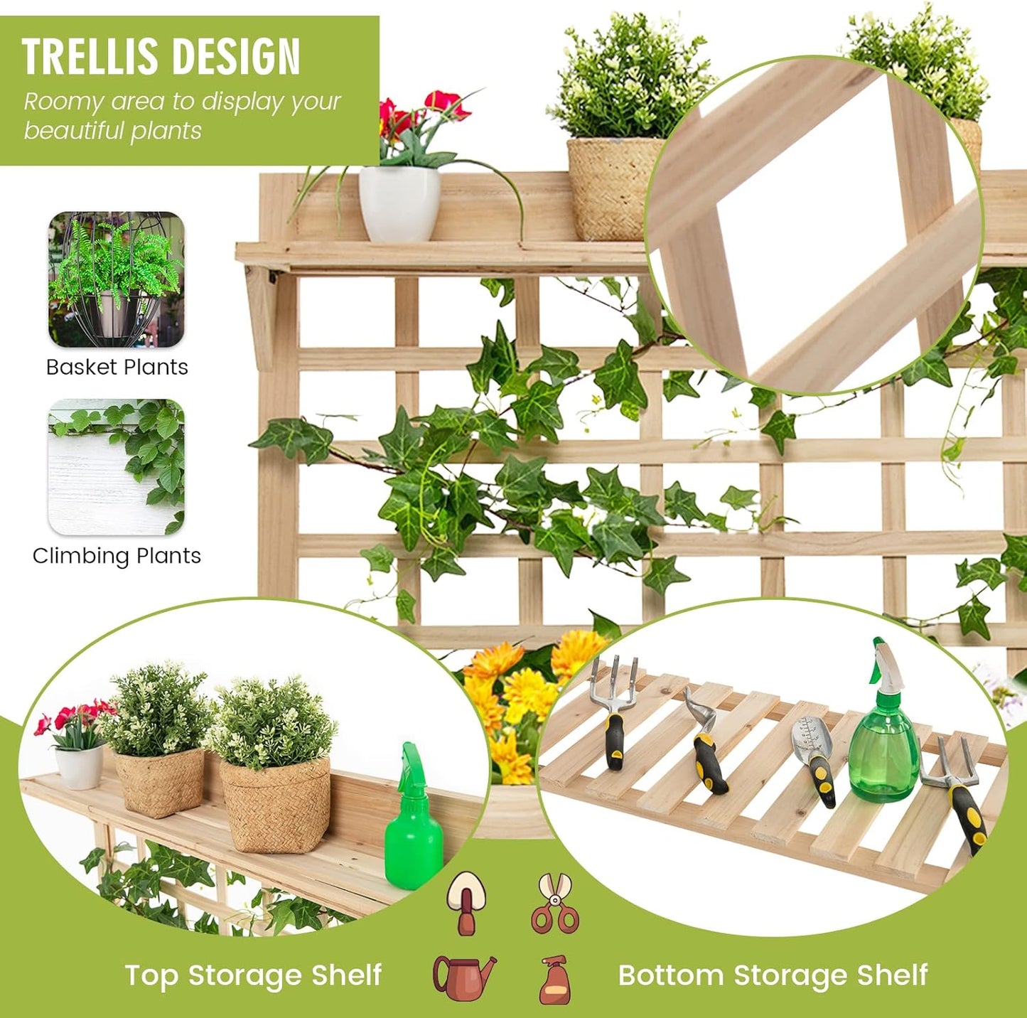 S AFSTAR Raised Garden Bed with Trellis, 41.5x16x54in Mobile Elevated Planter Box with Wheels, Bed Liner, Top/Bottom Storage Shelves, Freestanding Wood Planter Stand for Garden Patio Balcony