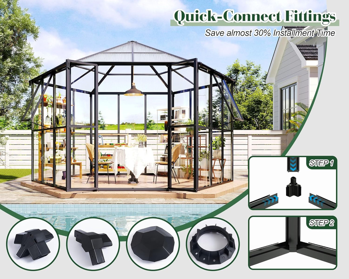 Jocisland 12x10x8 FT Hexagonal Greenhouse for Outdoors, Quick-Connectors, Aluminum Frame with 2 Vents, 2 Swing Doors, and Walk-in Design for Garden or Backyard, Black