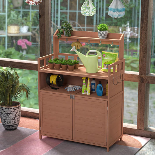 Outdoor Brown Wood Potting Bench - Spacious Gardening Table with Storage Cabinet & Top Shelf - Ideal for Planting and Organizing Your Garden!