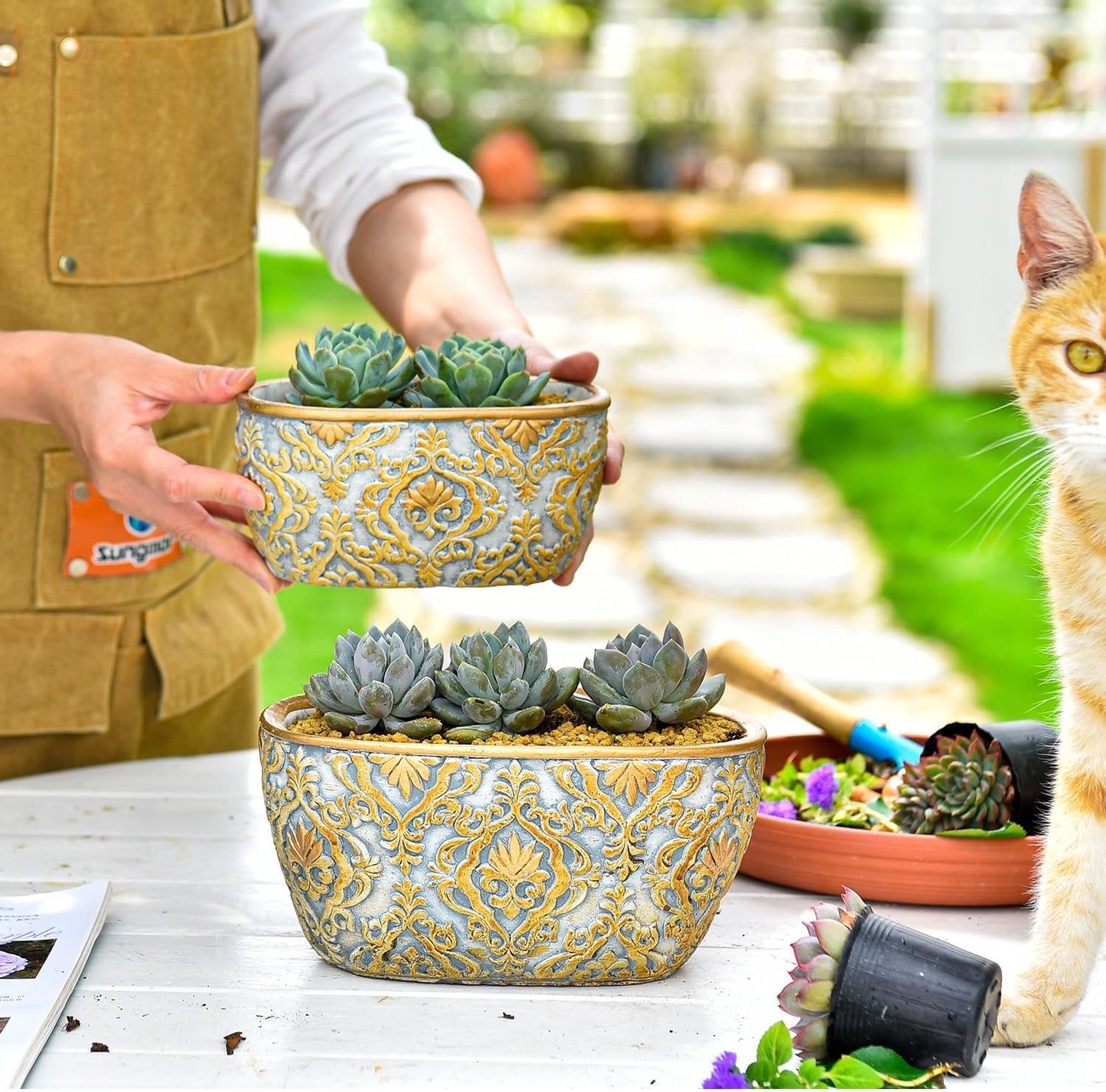 Sungmor Cement Planter Set of 2, 6.7 Inch & 8.6 Inch, Succulent Pots with Drainage Hole, Embossed Design, Indoor Outdoor Use, Cactus Plant Container