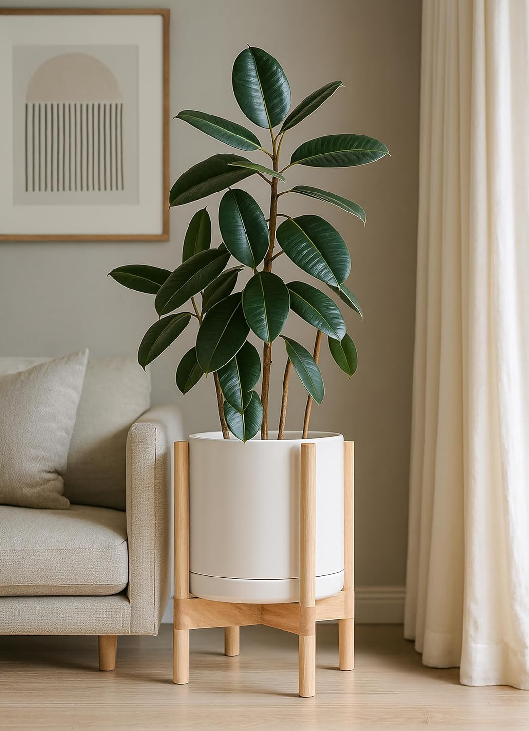 D'vine Dev Ceramic Planter with Natural Stand - 12 Inch Modern Round Flower Pot with Wood Planter Holder, Oatmeal, 55-B-J-8