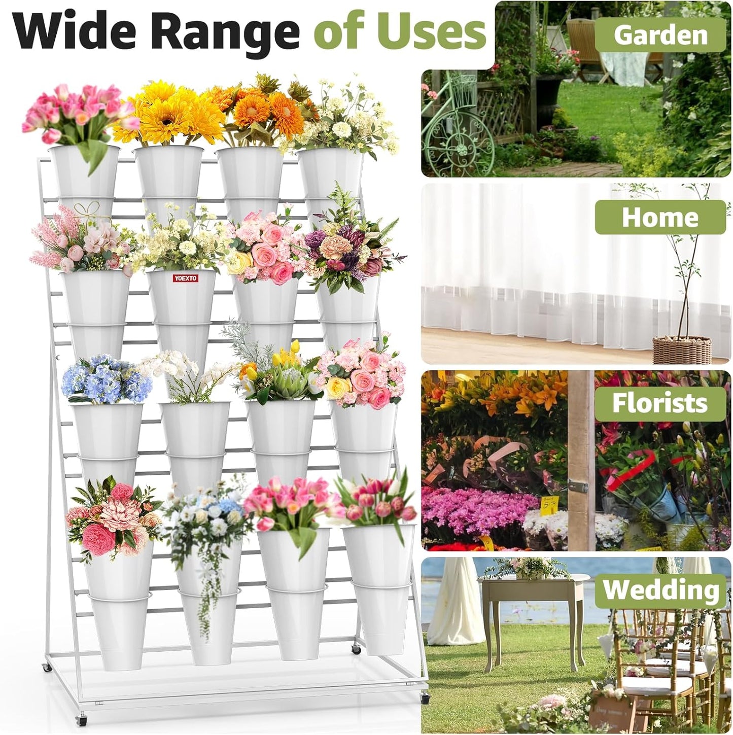 Flower Display Stand 4 Layers with 16 PCS Round Buckets, Plant Stand with Wheels, Movable Metal Plant Stand for Terrace Garden, Florist Shop