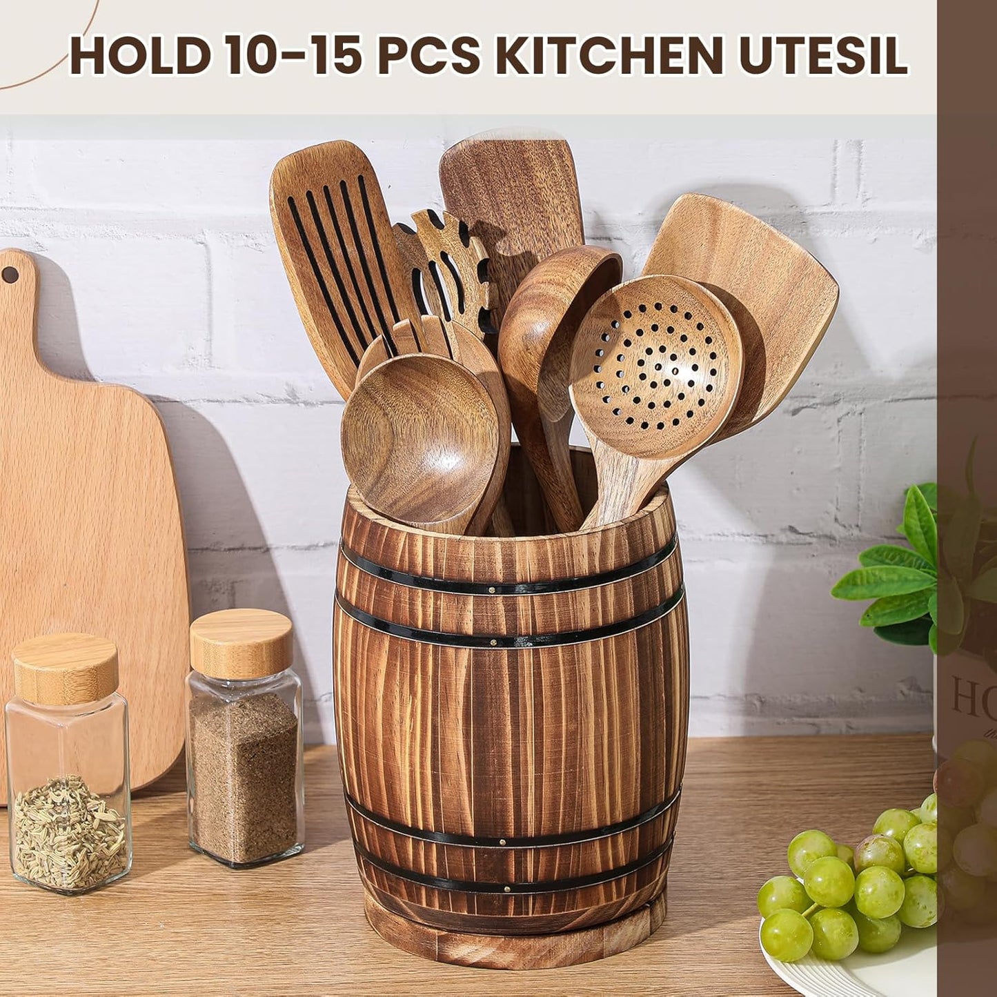 Honeydak Wooden Utensil Holder for Kitchen Counter, 360° Rotating Wine Barrel Design Large Cooking Spoon Crock Organizer, Rustic Vintage Burnt Wood Tool Holder for Farmhouse Kitchen, Gifts Decor