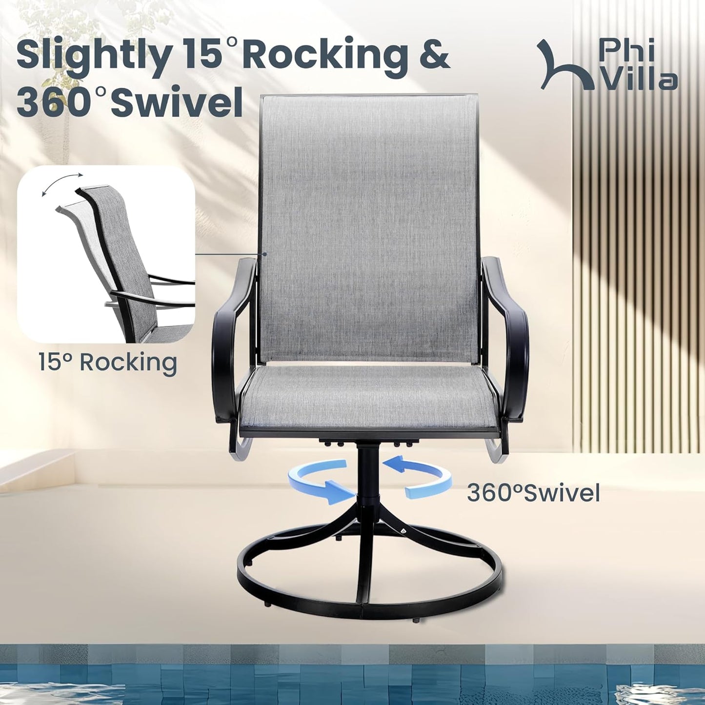 PHI VILLA Patio Swivel Dining Chairs Set of 2, Outdoor Chair with Textilene Mesh Fabric & Black Metal Frame for All Weather Outdoor Lawn Garden Poolside (Gray)