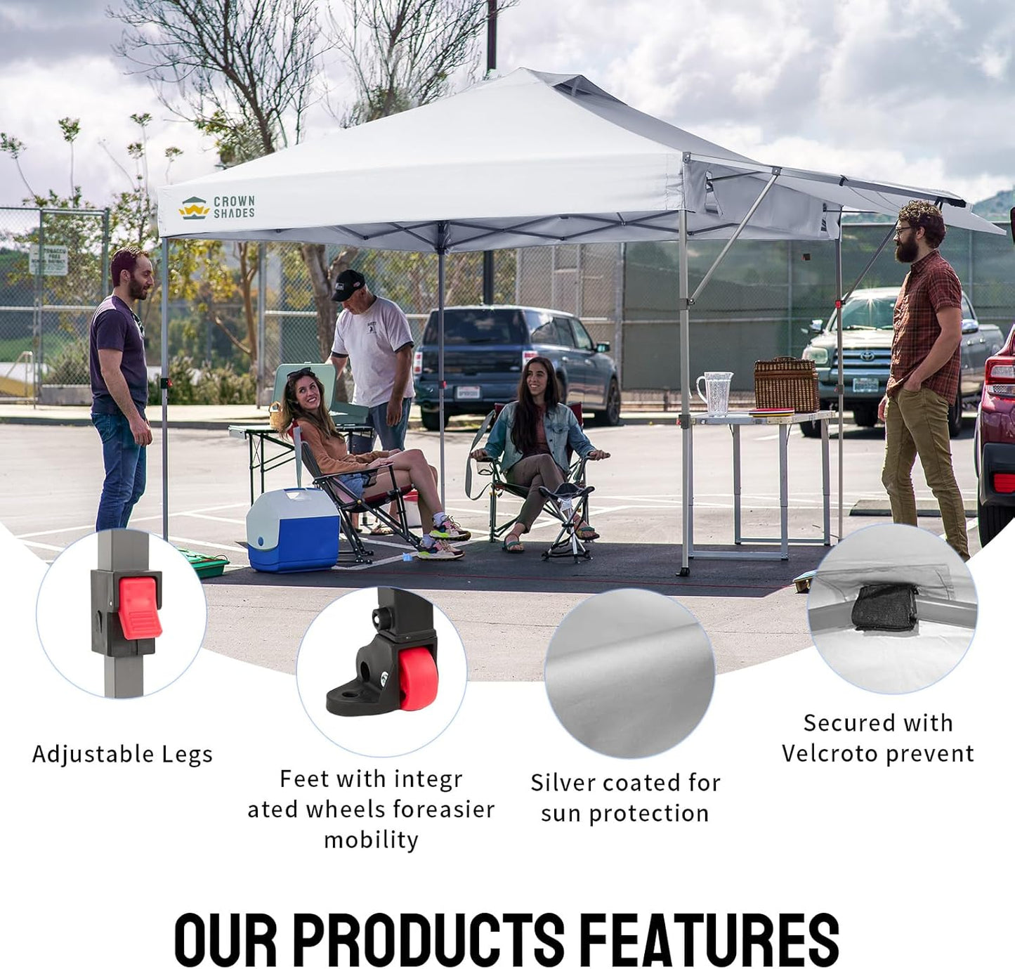 CROWN SHADES 10x10 Pop up Canopy Tent Patended Centerlock Instant Commercial Canopy with 150D Silver Coated Fabric Including 2 Extend Awnings, 4 Ropes, 8 Stakes, 4 Weight Bags (White, 10x14)