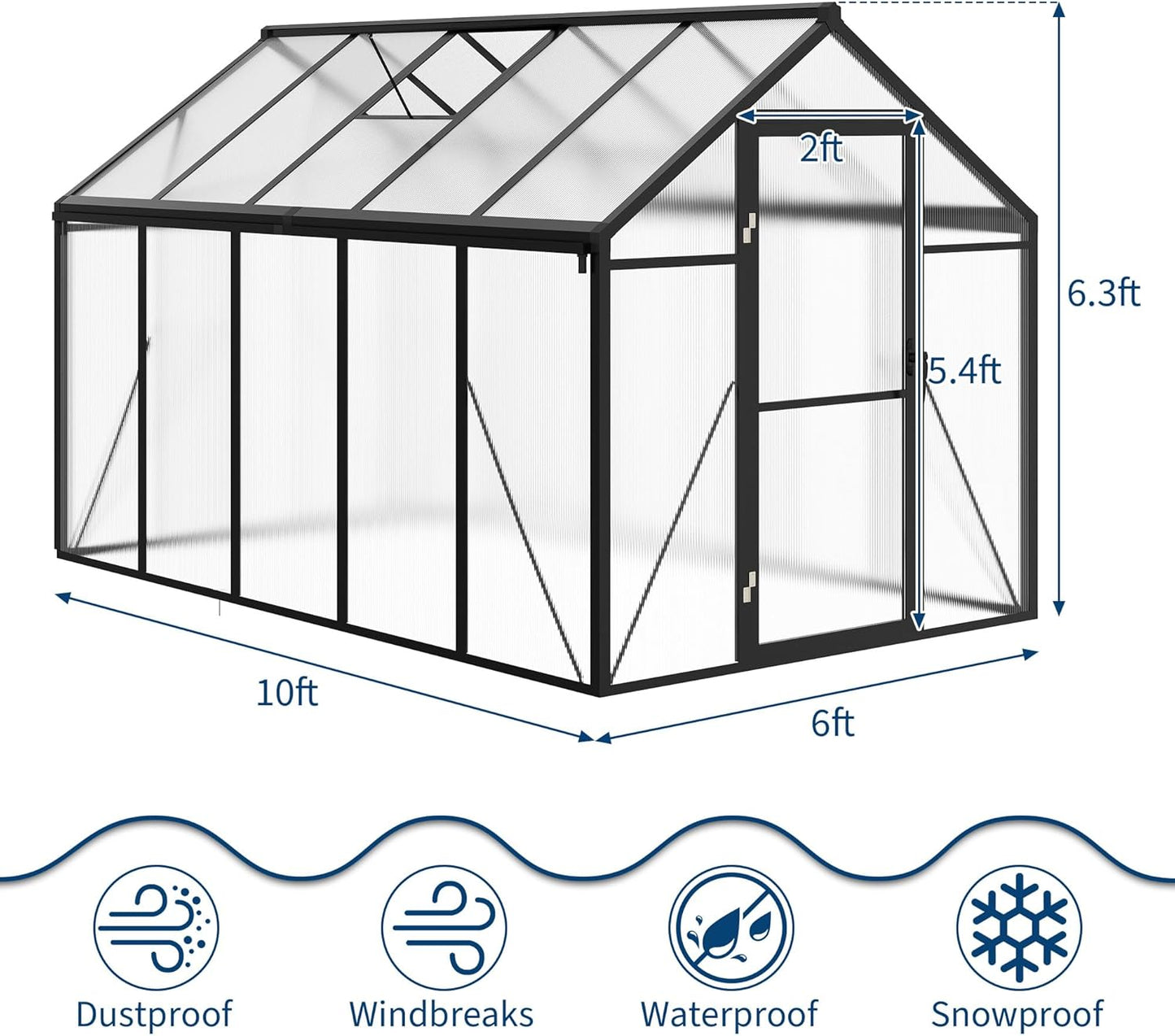 6x10 FT Greenhouse for Outdoors, Polycarbonate Flower Greenhouse with Roof Vent, Push-Pull Lockable Door, Aluminum Walk-in Greenhouses for Outside Garden Backyard, Patio, Lawn, Black