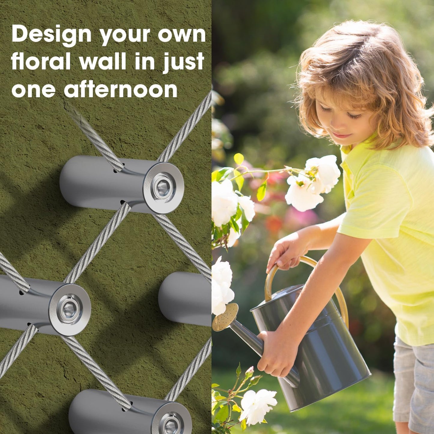 20 Sets Cylindrical Hubs Wall Trellis Kits, Wire Trellis for Climbing Plants Outdoor with 98Ft x 1/8" T316 Stainless Steel Rope, Garden Wire Trellis System for Espalier & Vertical Gardening