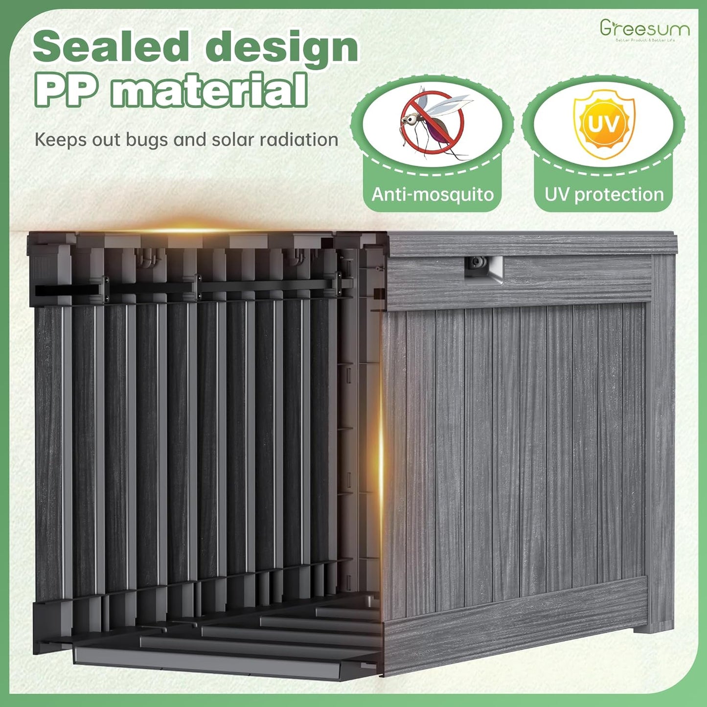 Greesum 120 Gallon Outdoor Storage Box with Lock - Large Resin Deck Box, Reinforced Lid for Garden, Patio, Lawn, Gray