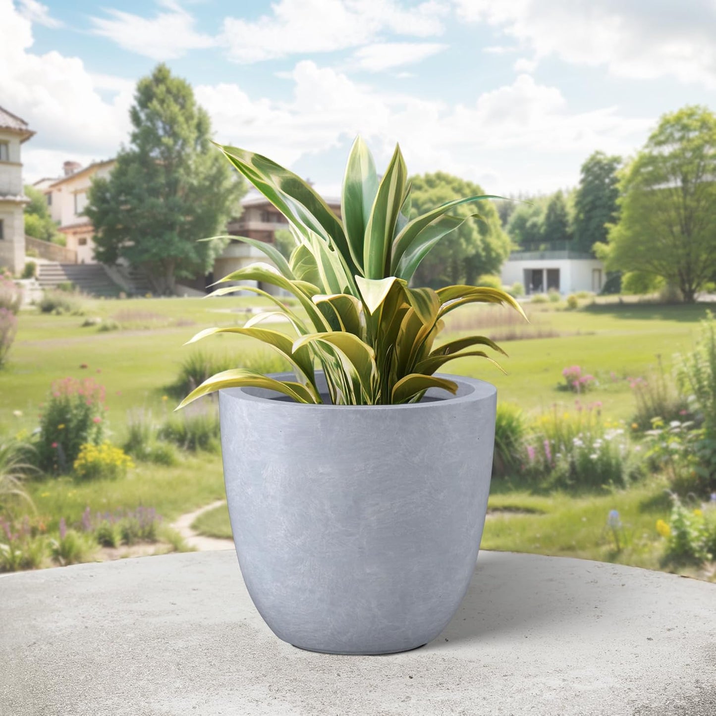 Kante 10 Inch Dia Round Concrete Planter, Indoor Outdoor Large Plant Pot with Drainage Hole and Rubber Plug for Home Patio Garden, Gray