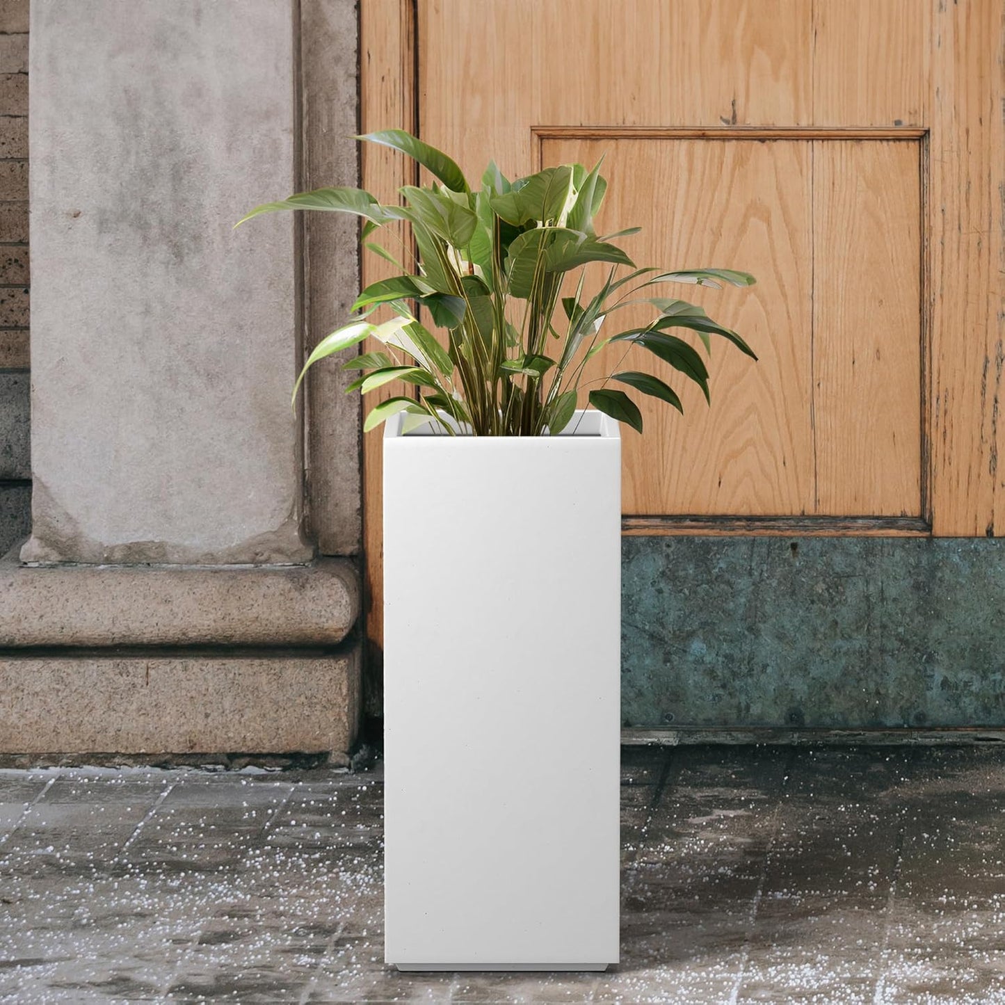 Kante 23.6" H Tall Rectangular Concrete Planter, Modern Square Diameter Plant Pot with Drainage Hole and Rubber Plug for Indoor Outdoor Home Patio Garden, Pure White