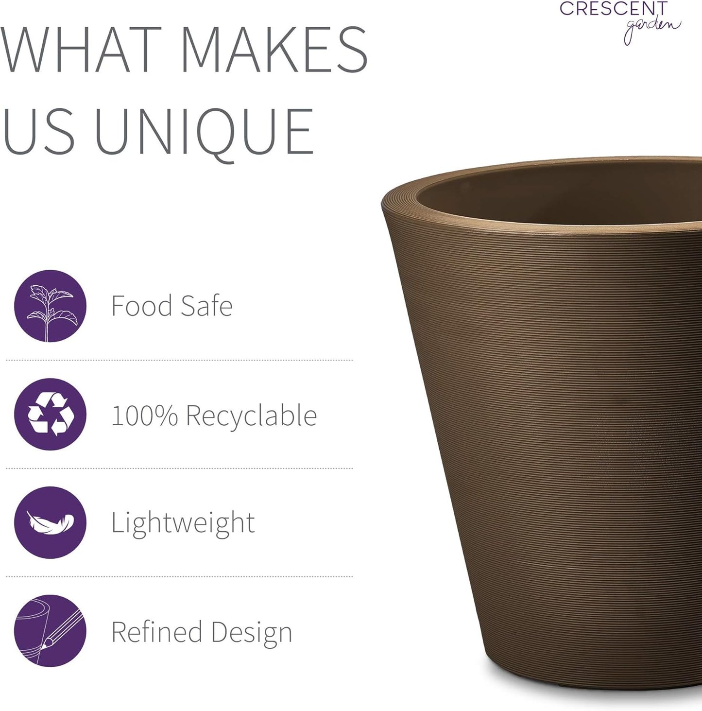 Crescent Garden Madison Planter– Weather-Resistant, Double Walled Indoor/Outdoor Plant Pot with Drain Hole – Durable All-Season Flower Container, 16" W (Mocha)