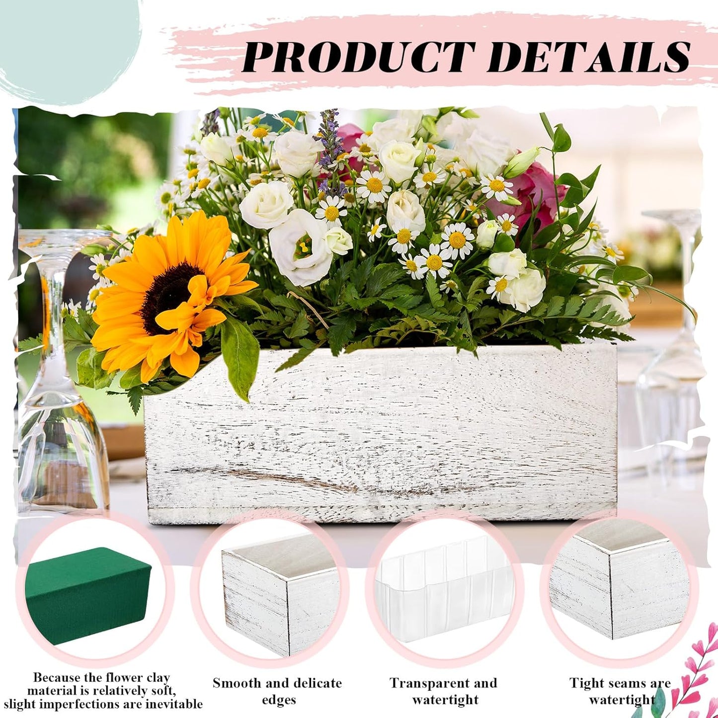 Dandat 4 Set Wood Boxes for Centerpieces 12x4 Inch Rectangle Wooden Planter Box Rustic Wooden Planters with Removable Plastic Liner Floral Foam Blocks for Home Wedding Garden Decor