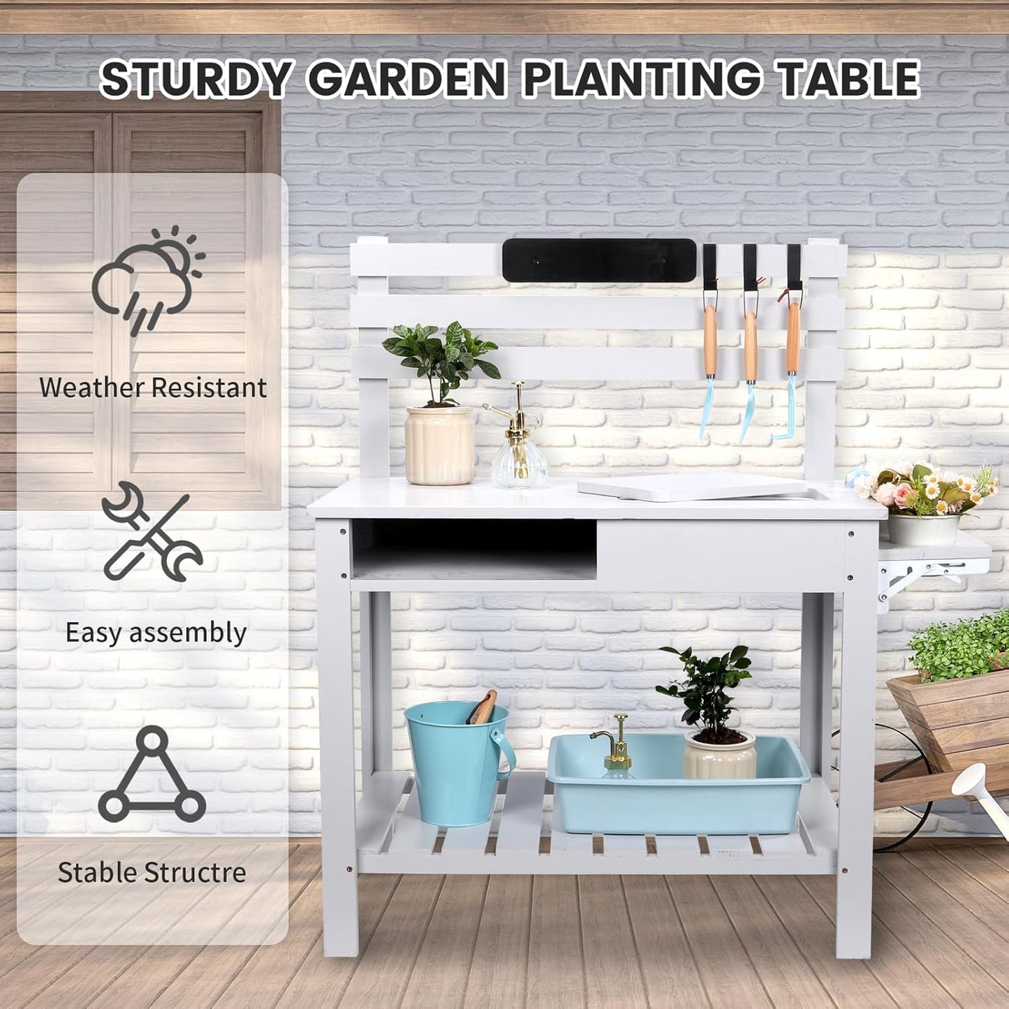 Potting Bench Outdoor Potting Table—All-Weather Kids Solid Wood Garden Work Station with Sink、Hooks、3Flower Pots, Weather Proof（White Grey, Large）