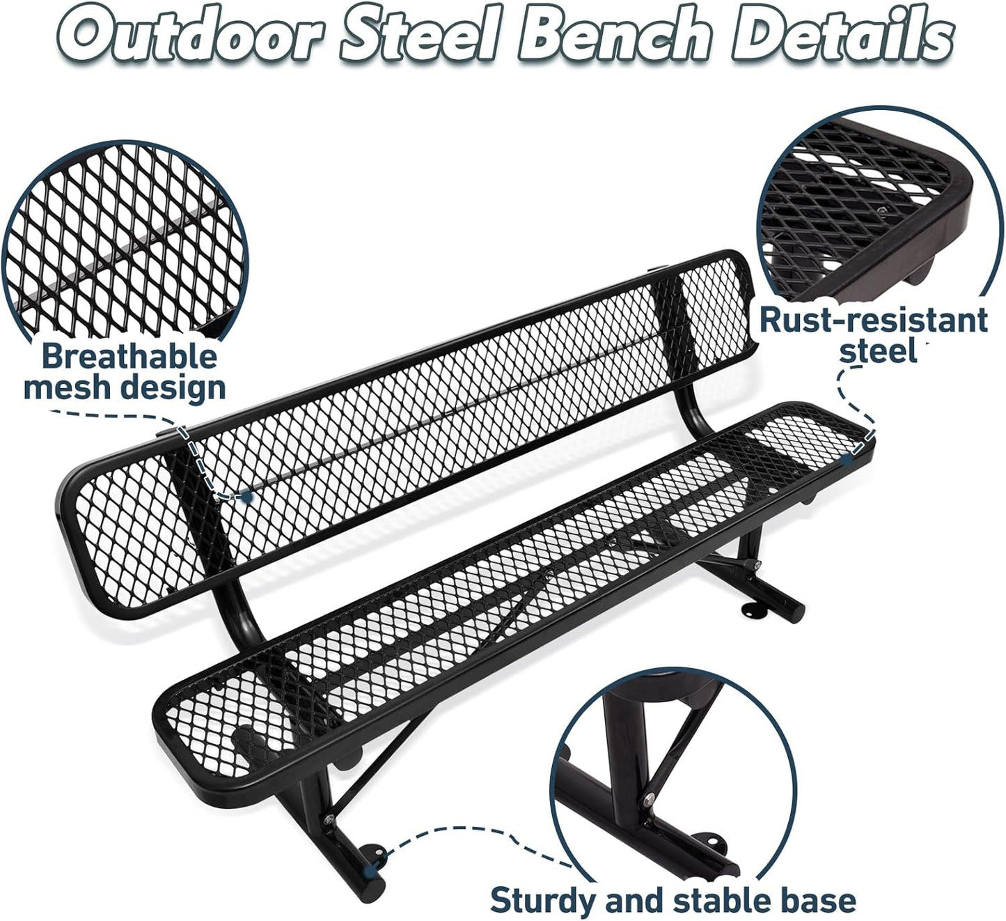6FT Heavy Duty Park Bench with Back Portable Frame, Outdoor Metal Park Bench with Backrest, Steel Mesh Outdoor Bench for Garden, Lawn, Patio, Porch, Park, Yard (Black, 72.4" L x 23.2" W x 32.5" H)