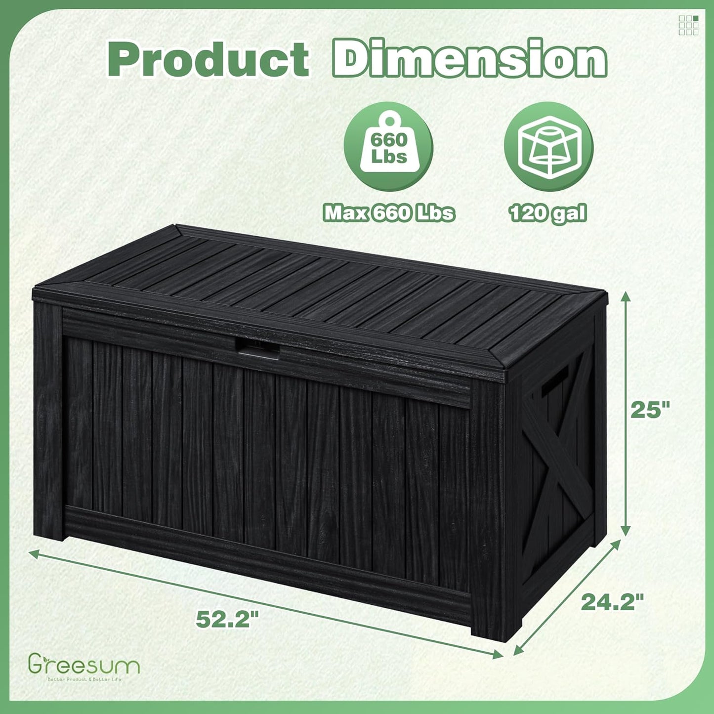 Greesum 120 Gallon Outdoor Storage Box with Lock - Large Resin Deck Box, Reinforced Lid for Garden, Patio, Lawn, Black