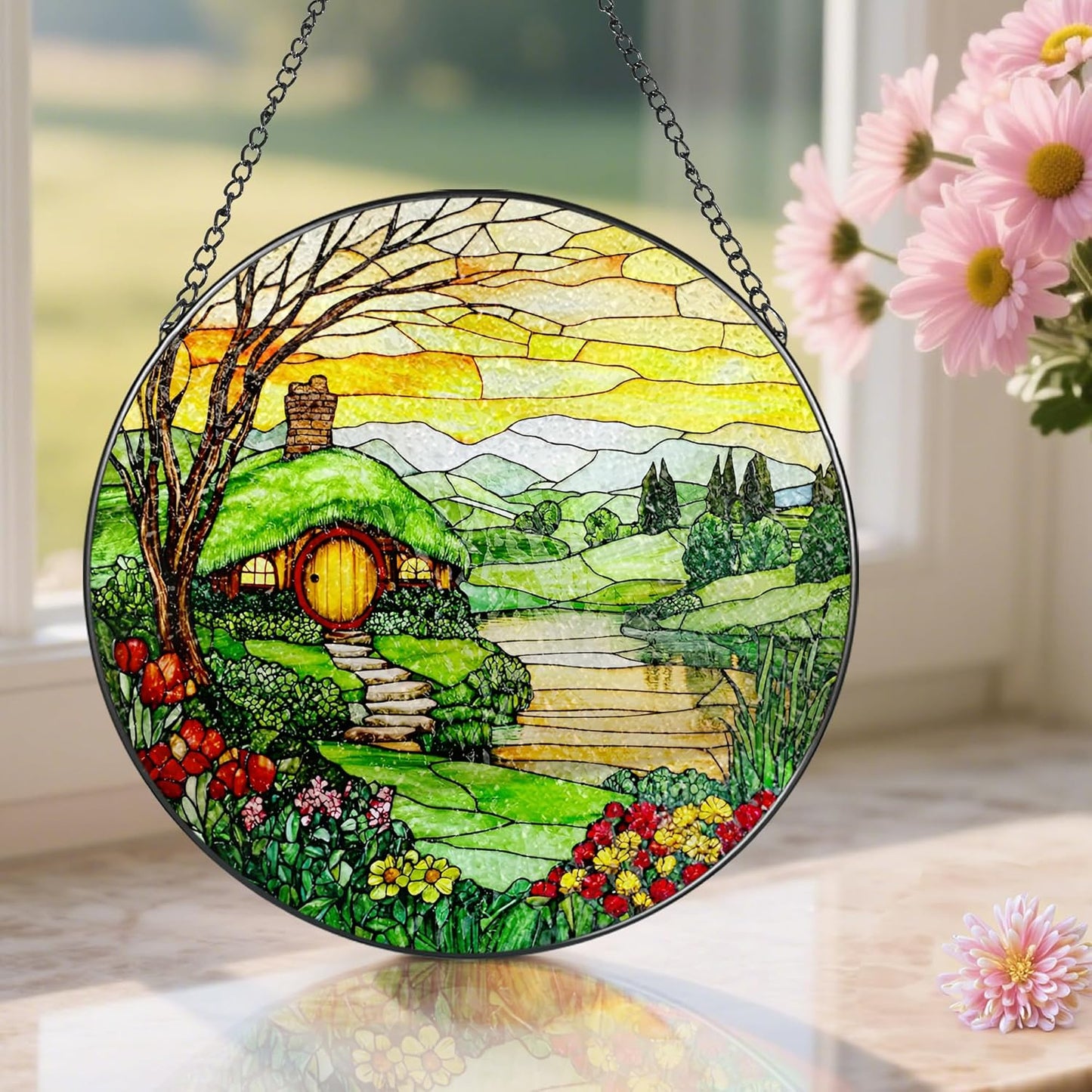 Stained Glass Window Hanging, Pauyadu 8 Inch The Shire Stained Glass Suncatcher, Window Decorations for Home, Mother's Day, Christmas, Birthday Gifts for Women, Mom, and Grandma, Nature Lovers
