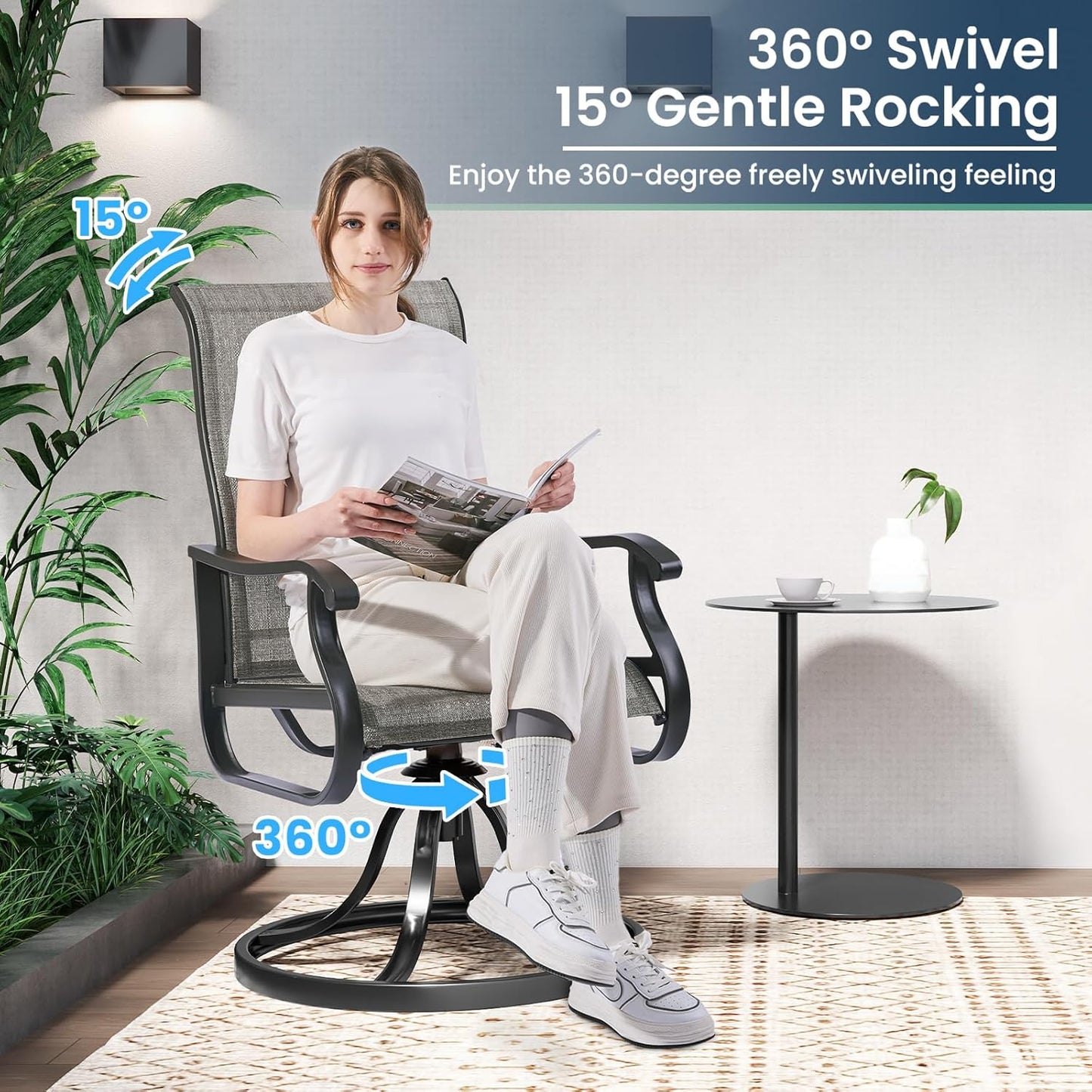 Amopatio Patio Swivel Chairs Set of 4, Outdoor Swivel Rocker Dining Chairs with All Weather Textilene High Back & Metal Frame, for Backyard Deck Lawn Garden, Light Gray