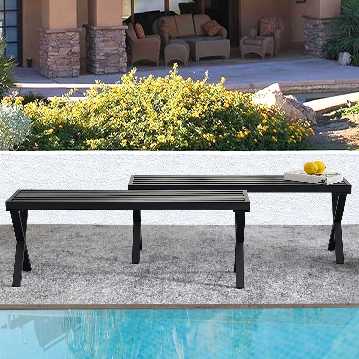 Black Outdoor Bench Set of 2, 46" Outdoor Metal Backless Bench for Outdoor, Patio Garden Bench, All Weather Outdoor Bench with cors for Garden, Backyard, Porch, Black