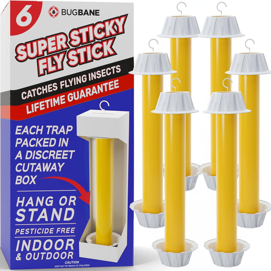 Fly Stick Sticky Fly Traps for Indoors Outdoor 6pk. Non-Toxic Super Sticky Hanging Flies Catcher Paper Tape Strips for Home. Catches All Bugs and gnats. Indoor Outdoor House Flying Insect Trap