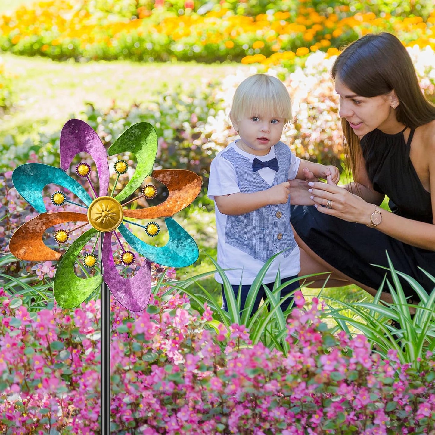 Metal Wind Spinners Outdoor, 360° Wind Sculpture Spinner with Metal Stake, Waterproof Spinners Green Kinetic Wind Spinner for Yard Lawn Decor (A- Colourful 2PC)