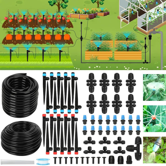 177FT Drip Irrigation Kit – 2025 New Quick-Connect Micro Irrigation System with 46FT 1/2'' Tubing, Locking Nozzle Emitters, Adjustable Misting Sprayers for Gardens, Lawns, Raised Beds and Greenhouses