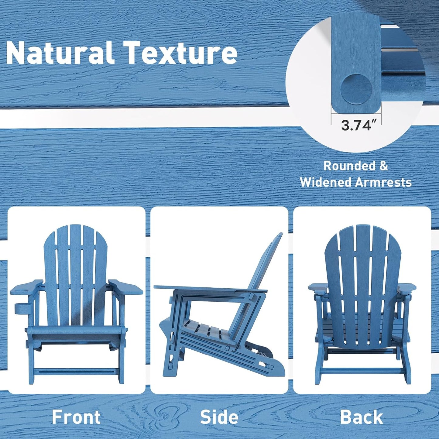 Adirondack Chair, Tool-Free Assembly All-Weather Adirondack Chairs, HDPE Fire Pit Chairs with Cup Holder, Outdoor Chair for Patio Garden (Blue)