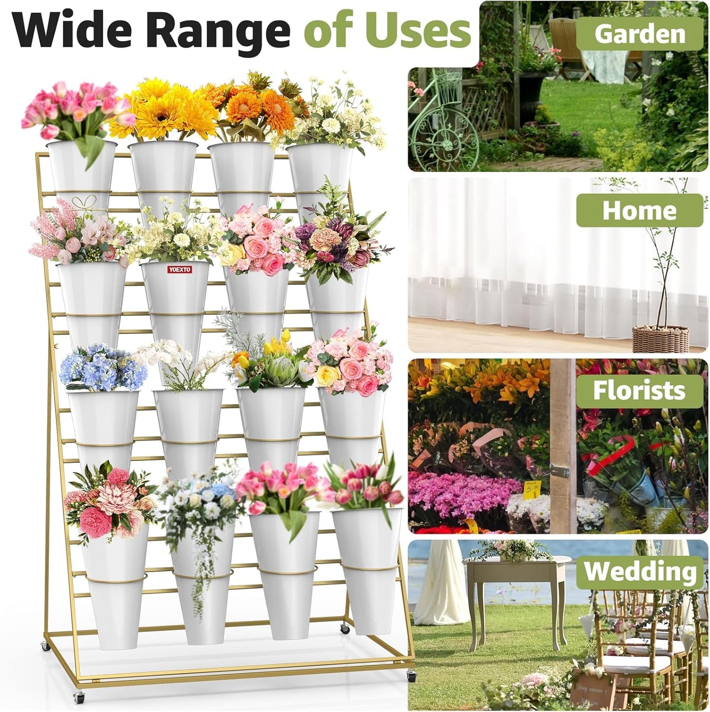Flower Display Stand 4 Layers with 16 PCS Round Buckets, Plant Stand with Wheels, Movable Metal Plant Stand for Terrace Garden, Florist Shop (Gold Frame, White Buckets, 4-Tier, 16 Buckets)