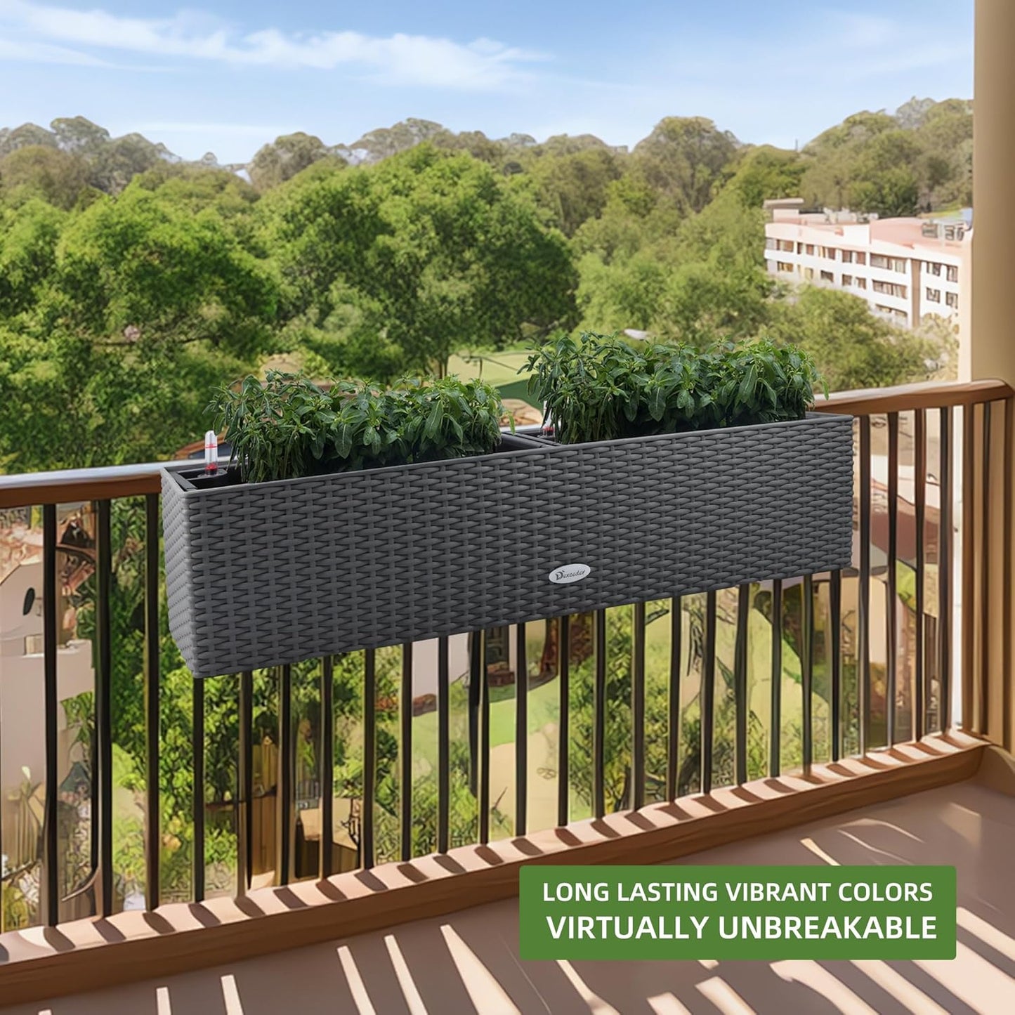 Dexceder 31.5 Inch Rattan Self Watering Planter Indoor Outdoor, Thickened Large Rail Flower Plant Pot Window Box with Water Level Indicators & Bracket (Deep Gray)