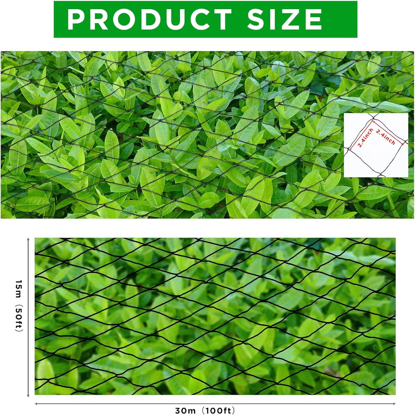 Windyun 1 Pc Bird Netting 50' x 100' Bird Net Chicken Coop 2.4" Mesh Heavy Duty Deer Fence Aviary Net Reusable Fruit Tree Poultry Barrier for Garden Protection Vineyard Against Hawk Squirrel, Black